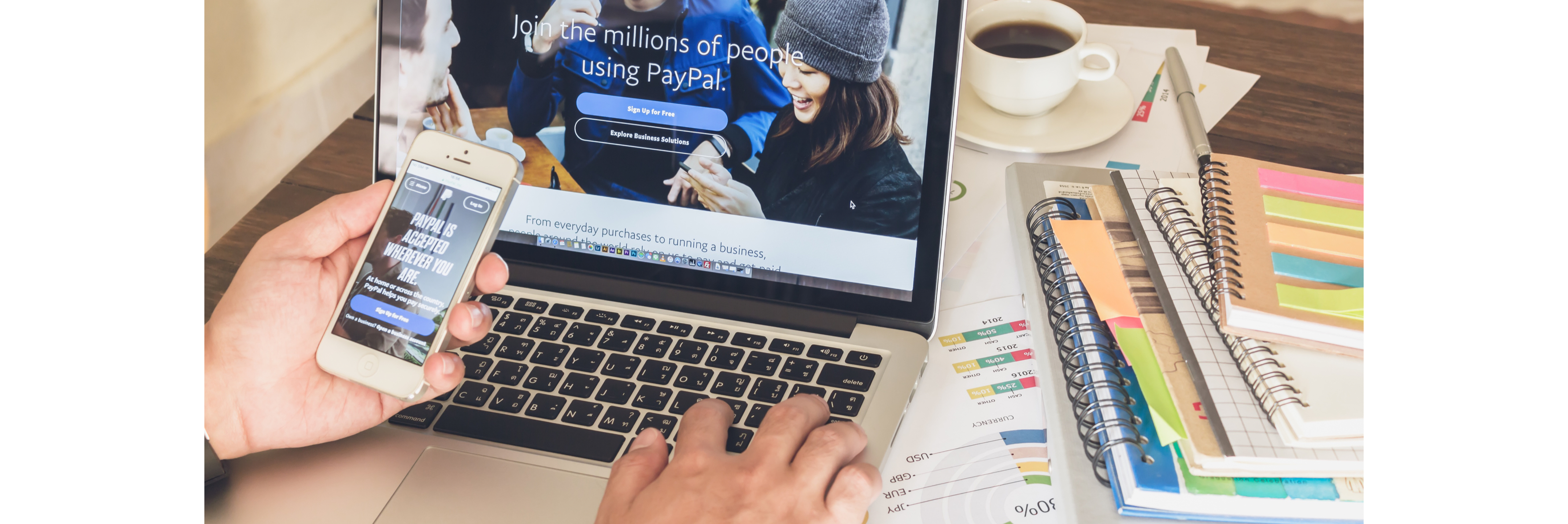 User logging in to PayPal on cell phone and laptop