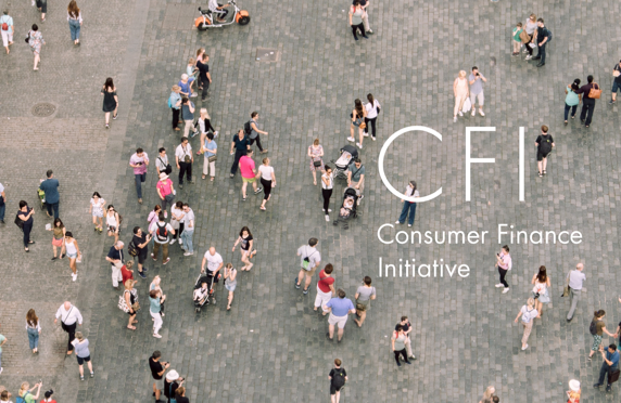 Birdseye view of a crowd of people with Consumer Finance Initiative logo over it