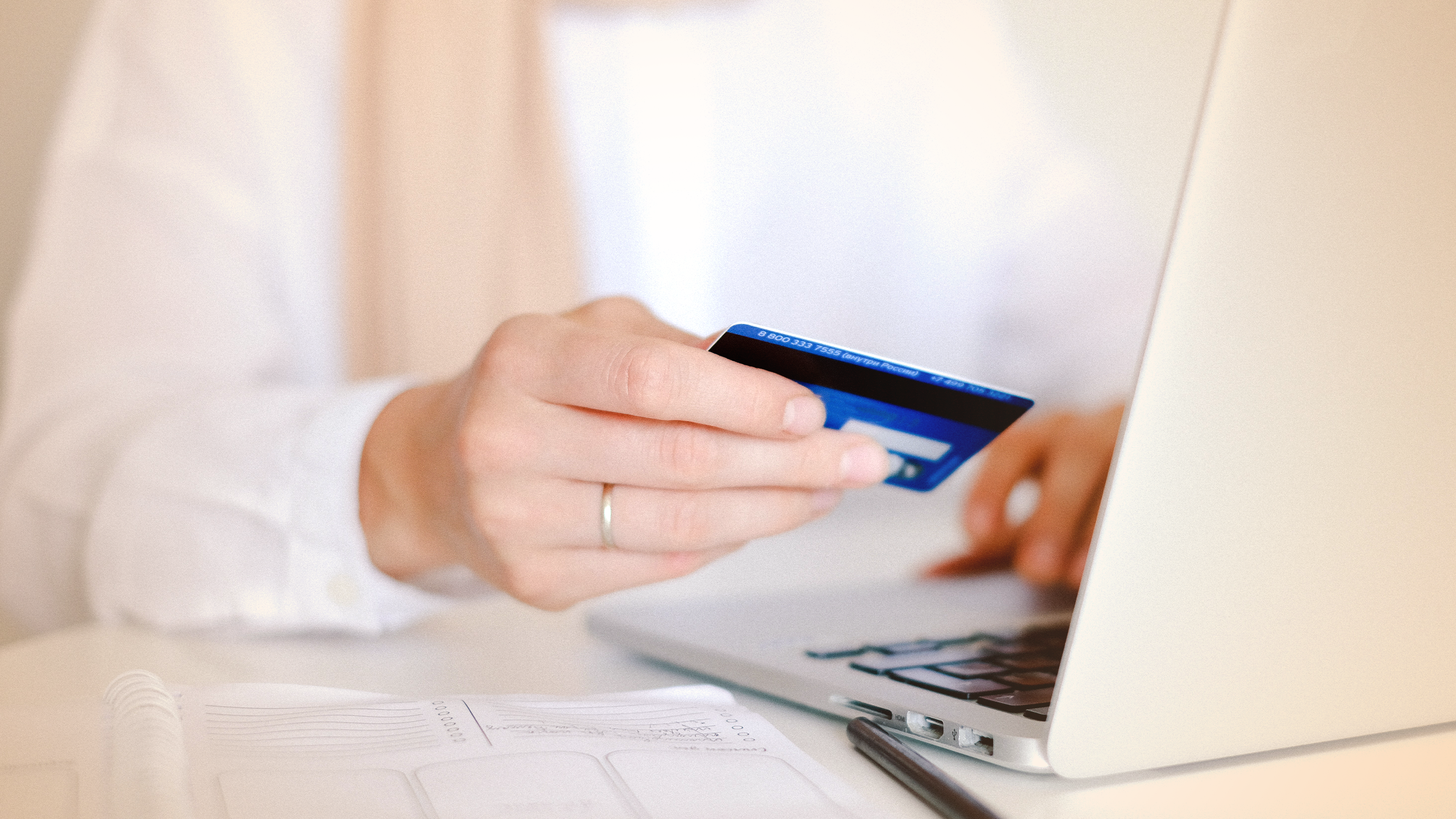 Person entering credit card info into a computer, relating to household debt
