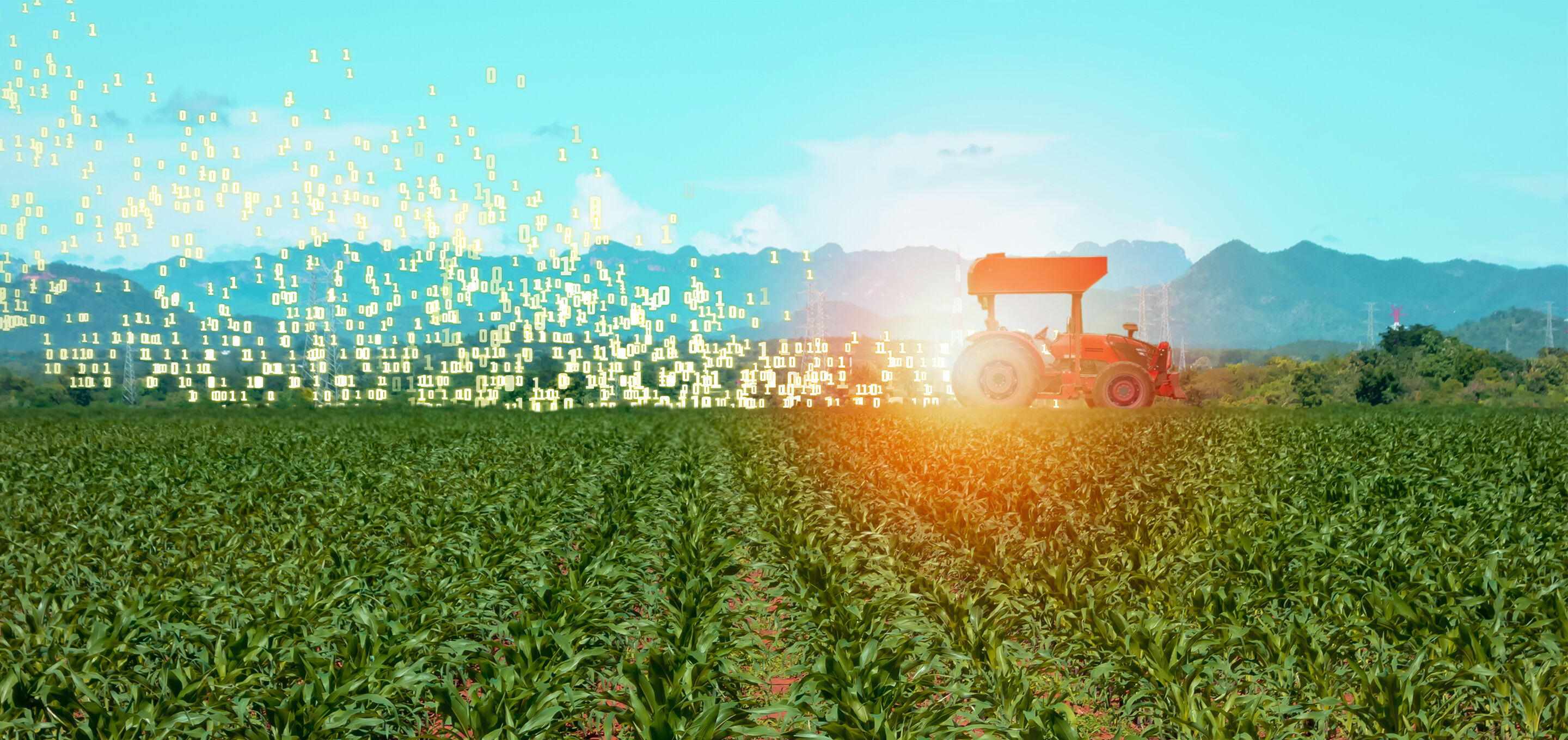 A tractor moving through a field of crops leaving binary '1's and '0's in its dust