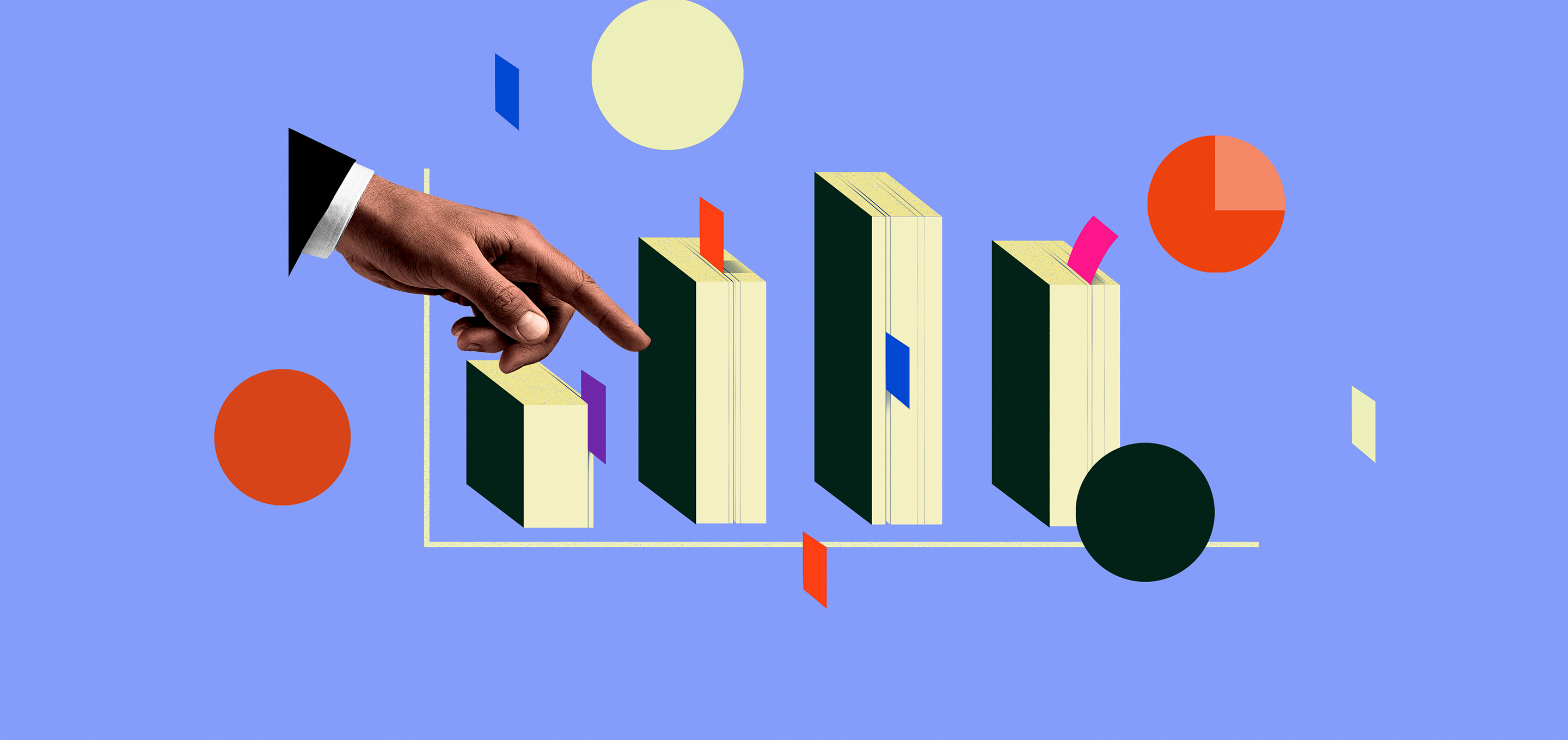 A hand points at a bar chart where the bars are actually books