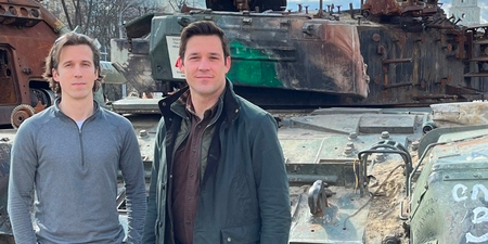Ian Miller and Evan Platt in Kyiv's Mykhailivs'ka Square