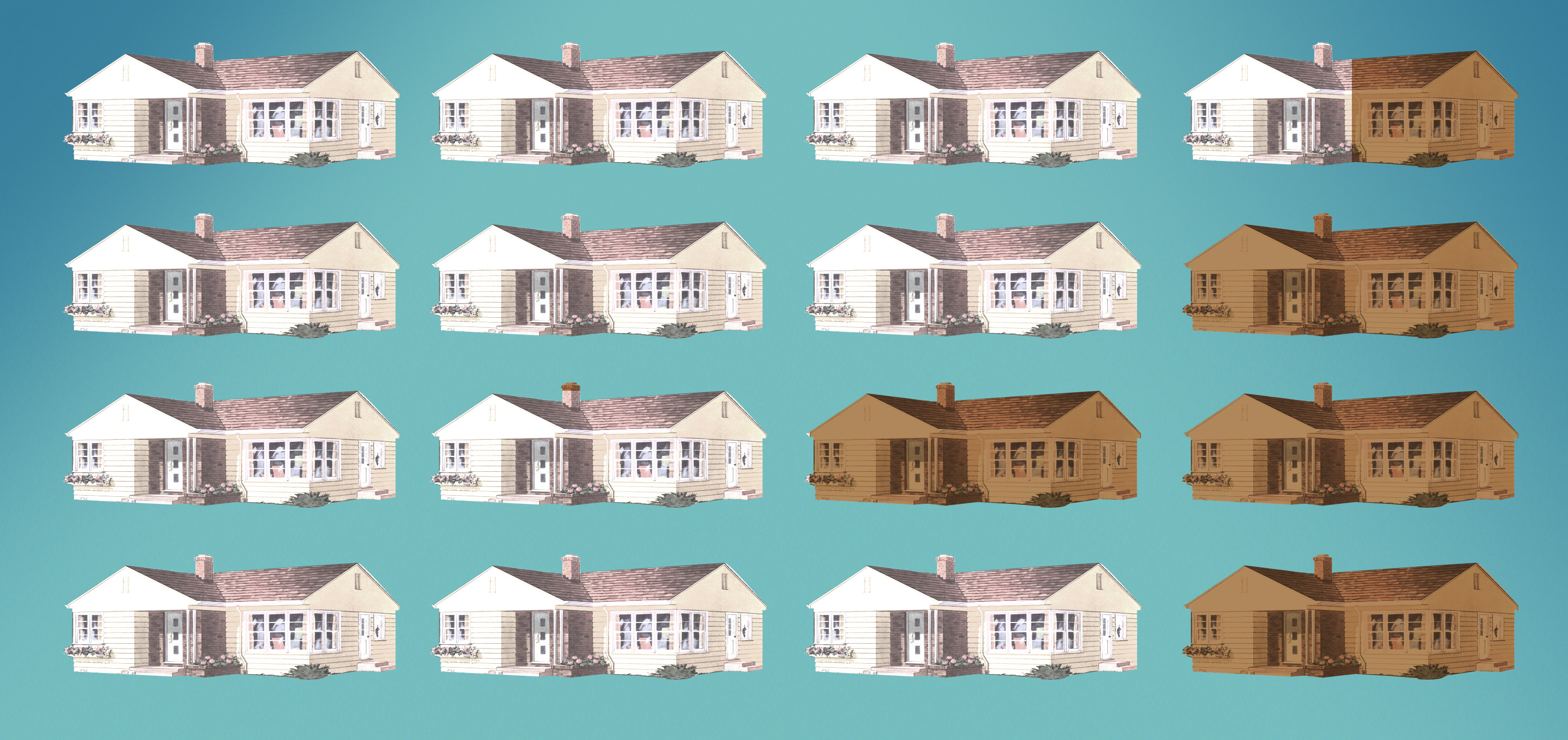 A pattern of illustrated houses - most in white and some in brown