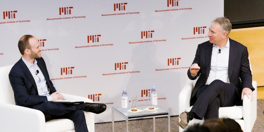 Bryan Landman, SB '11, and Ken Griffin speak in Wong Auditorium