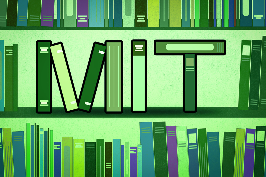 Graphic of books on a bookshelf that spell out MIT