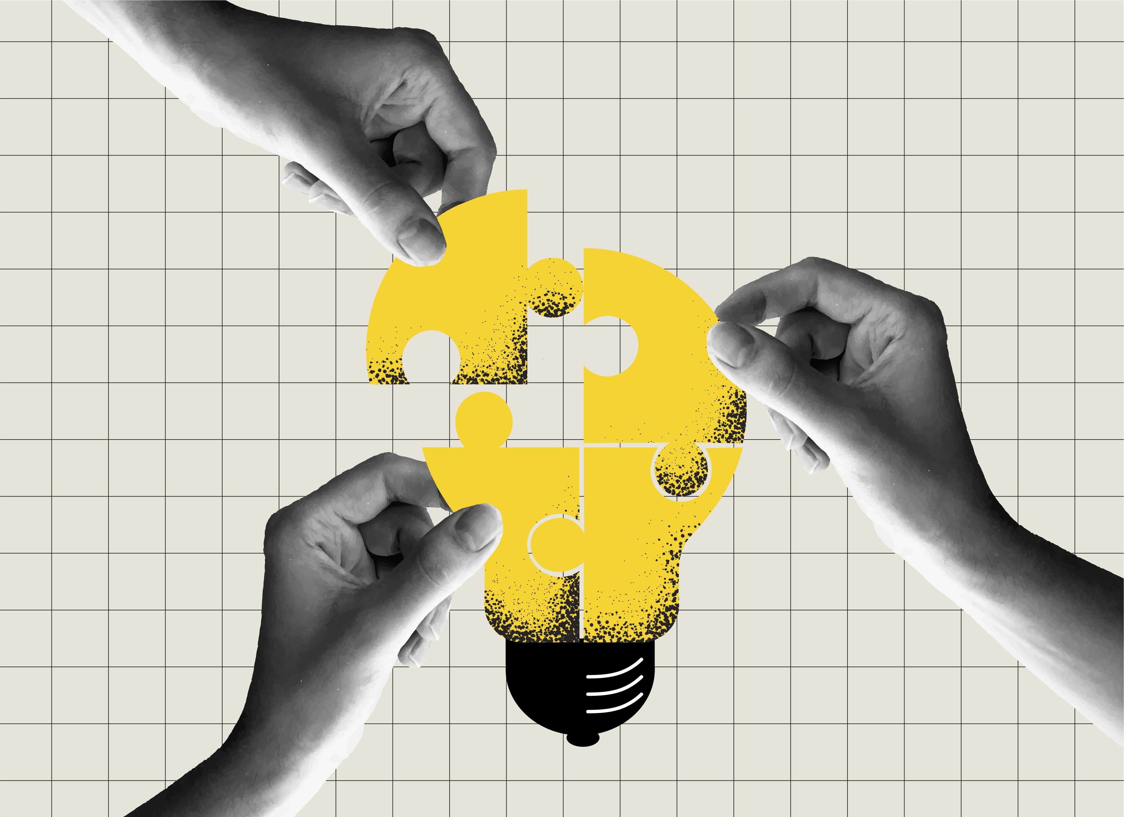 Hands assembling puzzle pieces in shape of lightbulb.