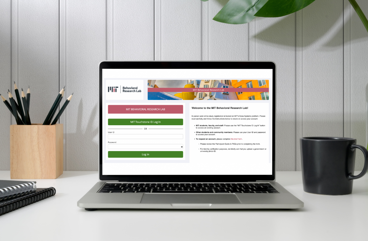 Laptop with MIT BRL Sona Systems landing page. 