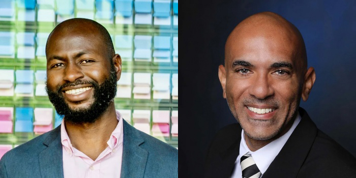 Two men pose for separate headshots combined into one image