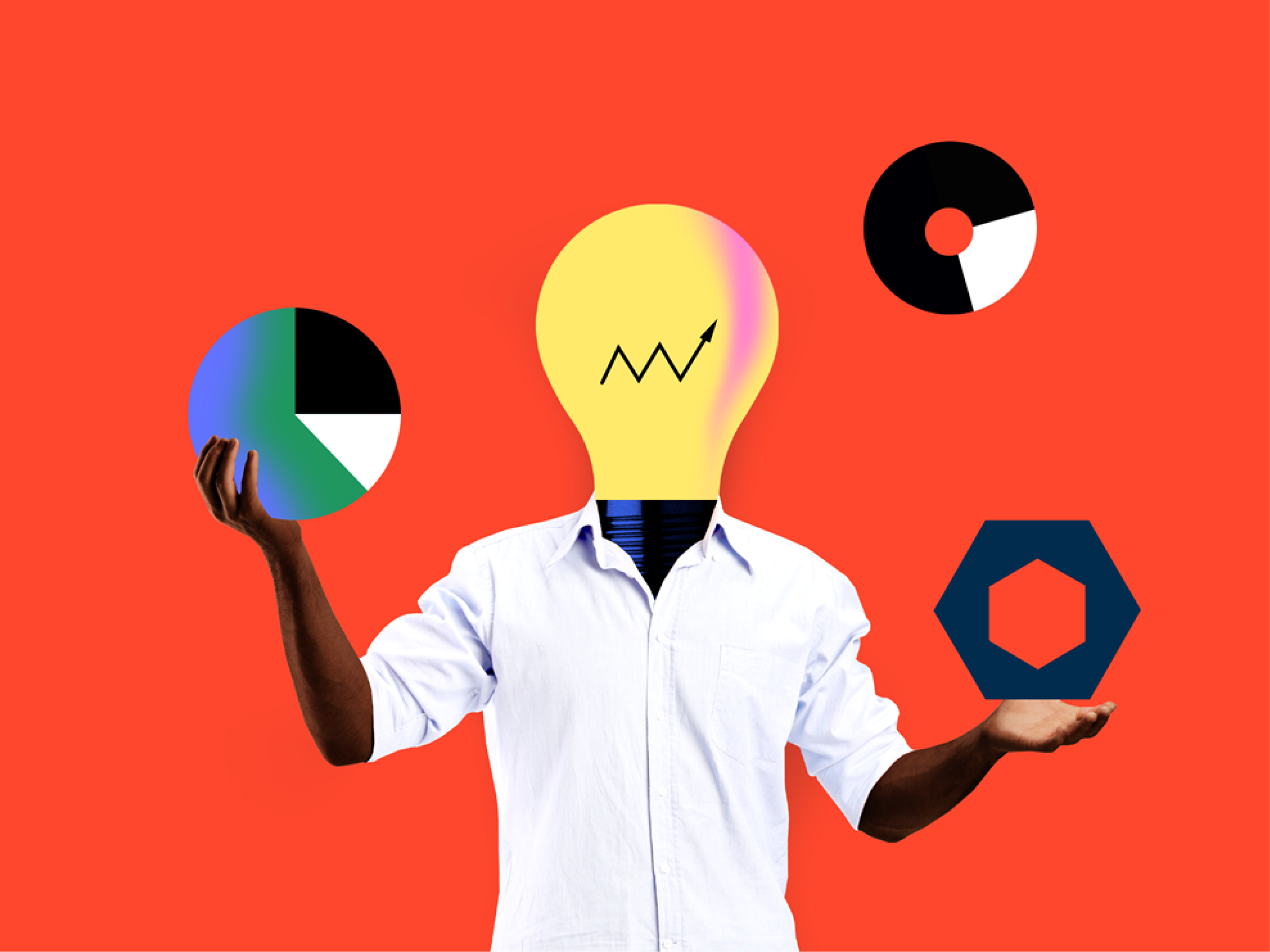 A man with a lightbulb as a head holds up pie charts