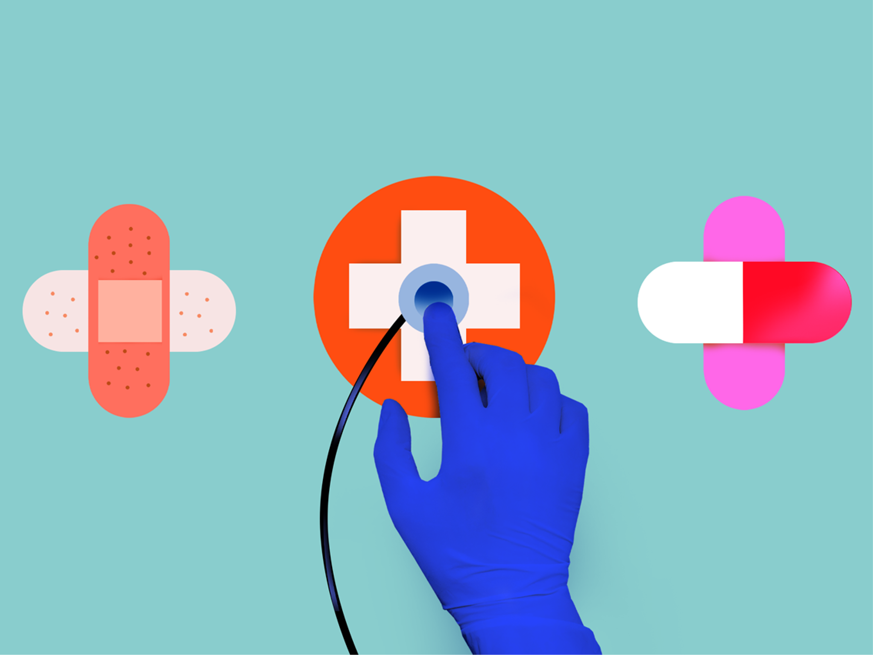 A latex gloved hand holding a stethoscope on top of health care icons