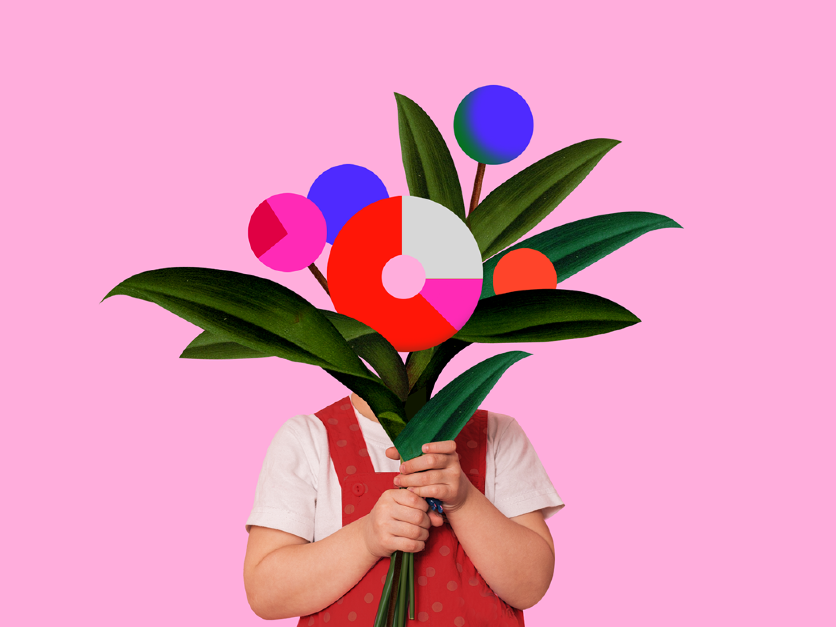 A child holding a bouquet of flowers made of charts and graphs