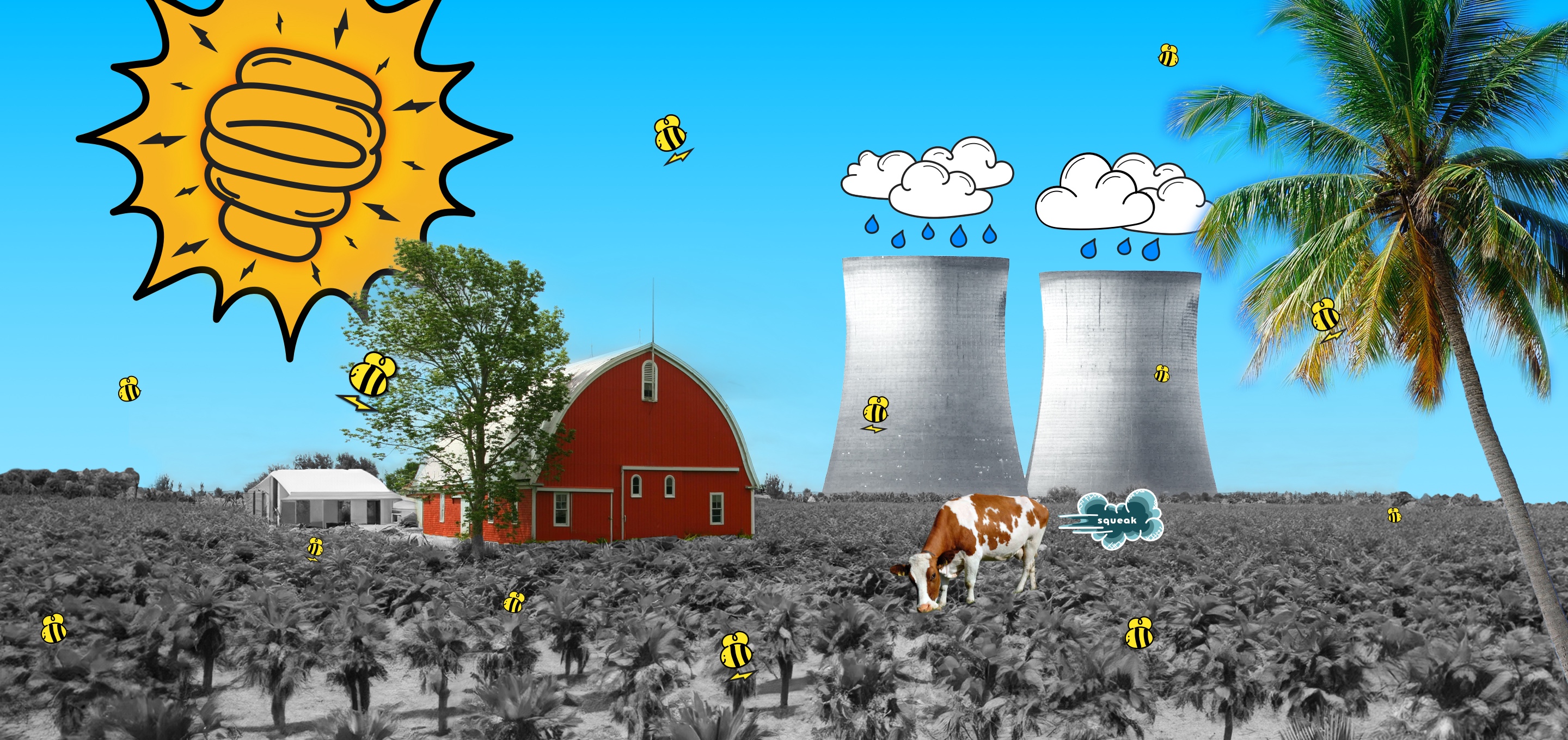 An illustration of a farm with a cow belching, palm trees, cooling towers, and bees
