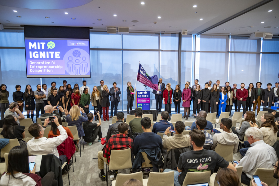 MIT President Sally Kornbluth, School of Engineering Dean Anantha Chandrakasan, and participants gather onstage at the MIT Ignite: Generative AI Entrepreneurship Competition