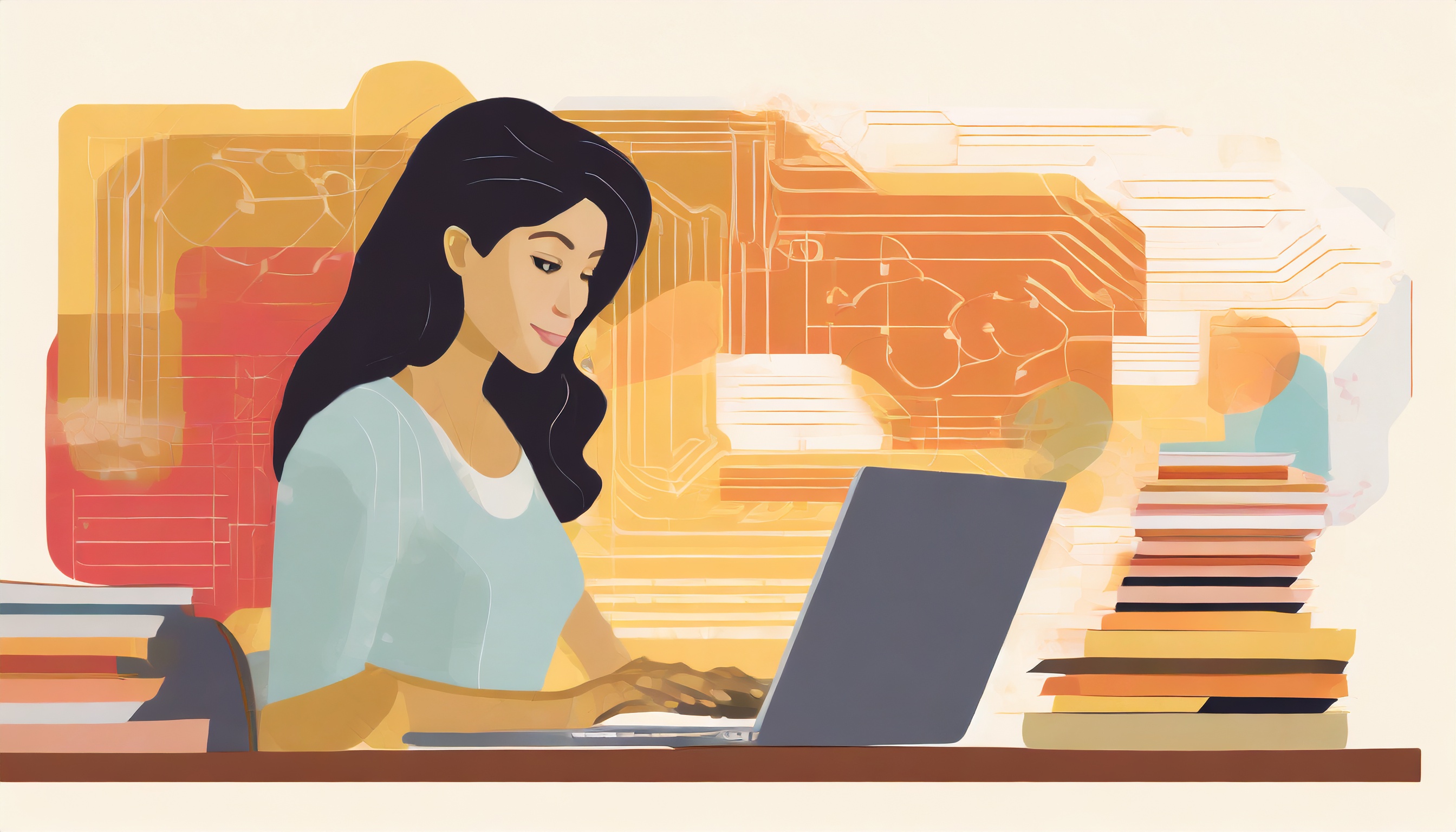 illustration of a woman working at a computer, beside books. There is electronic circuitry imagery in the background, meant to be suggestive of artificial intelligence