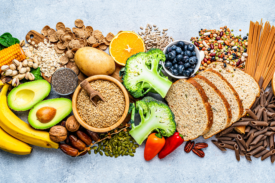 Various foods arranged in a line