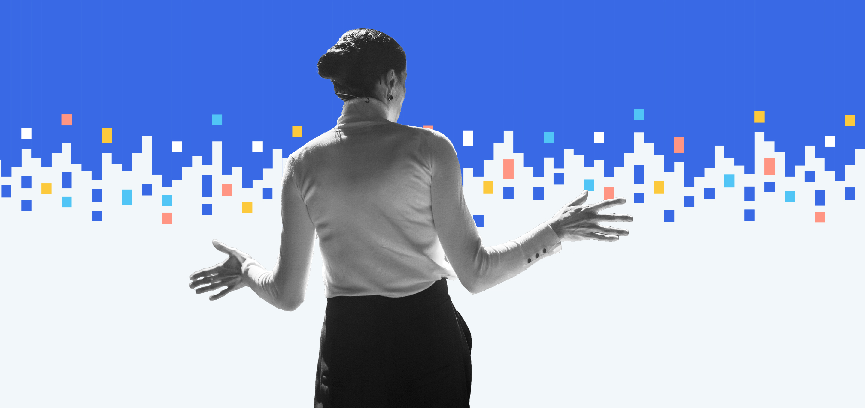 A leader presents amidst a background of data blocks