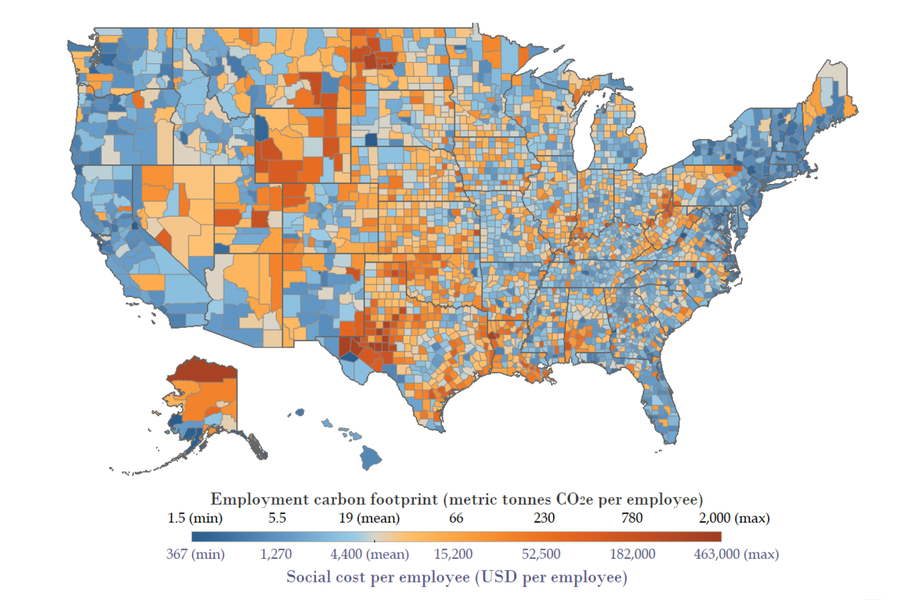 Caption:A new map shows which U.S. counties have the highest concentration of jobs that could be affected by the transition to renewable energy, based on new research by Christopher Knittel, the George P. Shultz Professor at the MIT Sloan School of Management, and Kailin Graham, of MIT’s Center for Energy and Environmental Policy Research. Counties in blue are less potentially affected by the energy transition, and counties in red are more potentially affected.