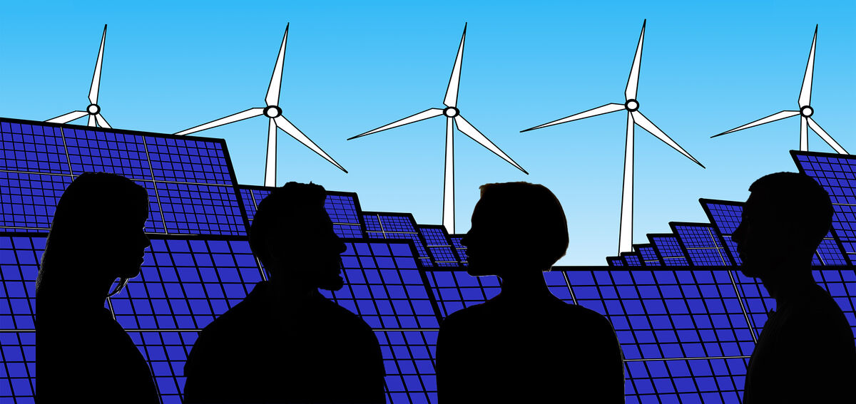 illustration of wind farm, solar panels, and humans in dark profile.