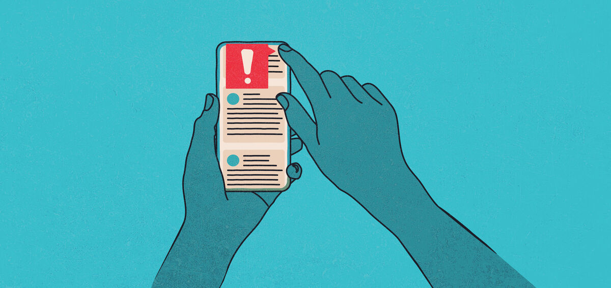Illustration of two hands holding a phone on a teal background. The phone screen has a red exclamation point as well as several posts. 