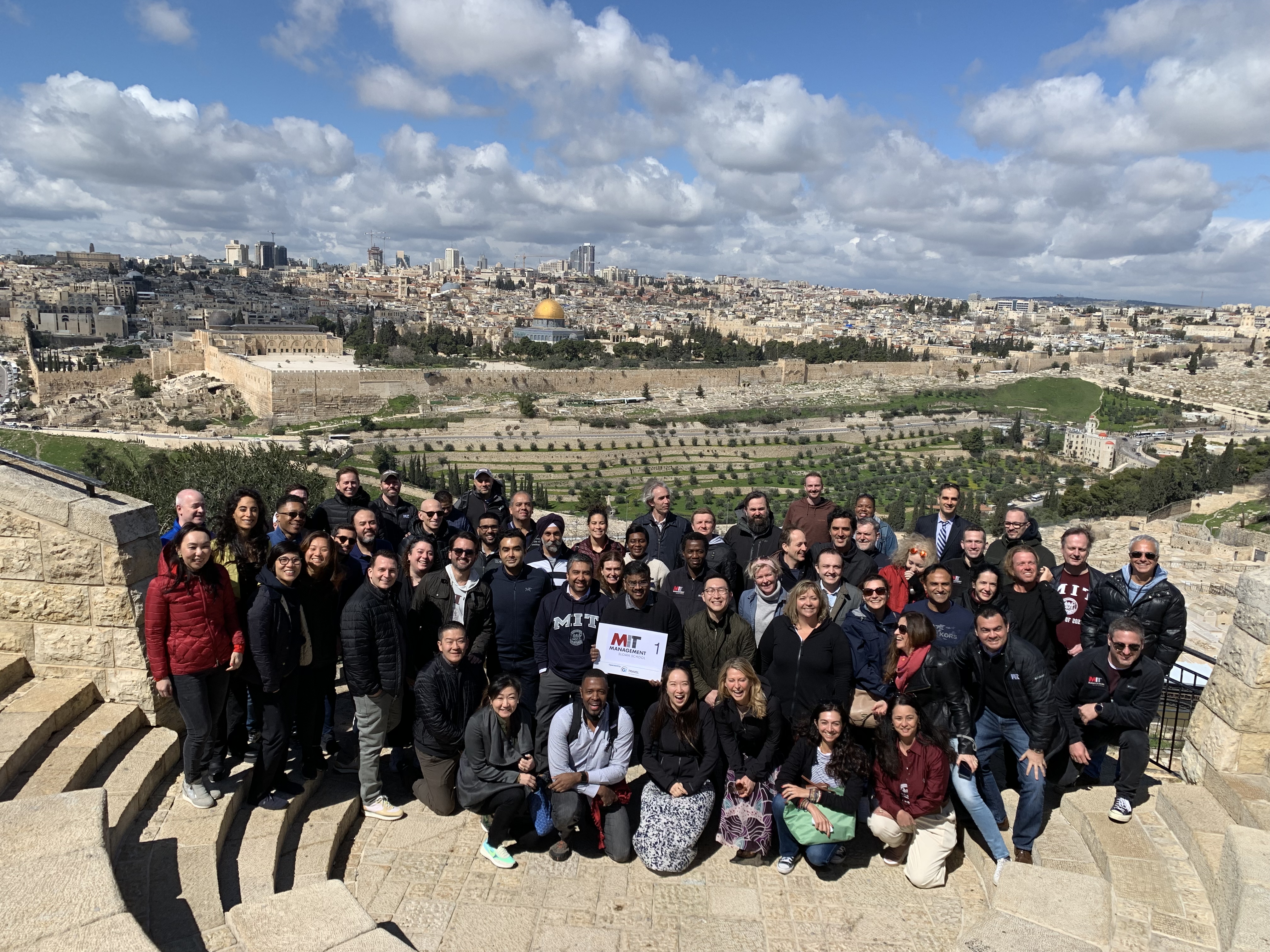 Large group of students posing for photo on Mount of Olives in Israel