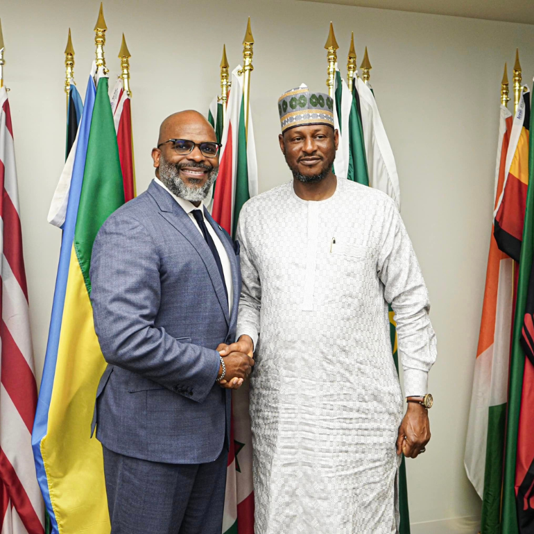 Photo of two men shaking hands infront of numerous country flags