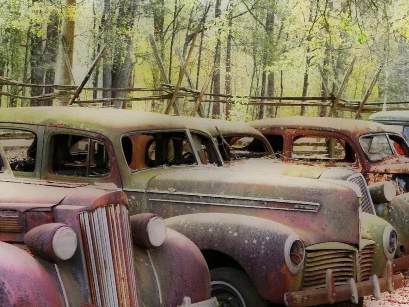 Old, rusty cars are lined up outside with green foliage in the background