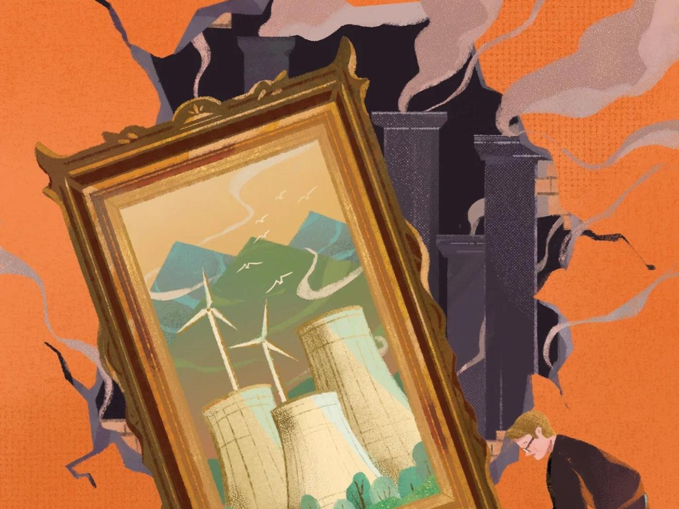 A man places a painting portraying wind turbines and renewable energy over a gaping hole in the wall where smokestacks can be seen beyond.