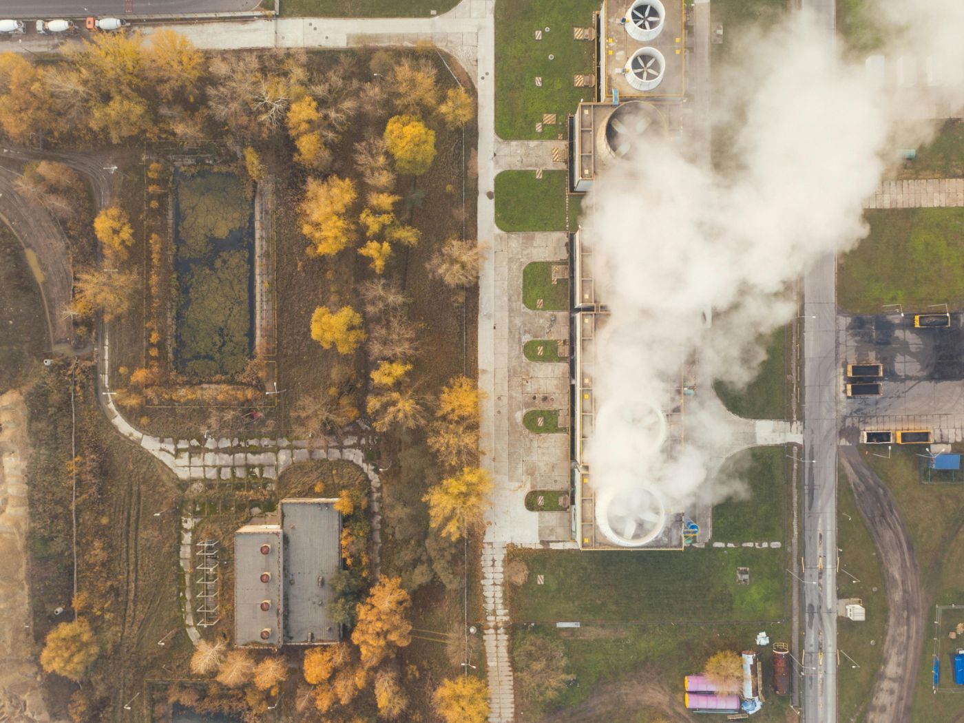 Aerial shot of smokestack emissions
