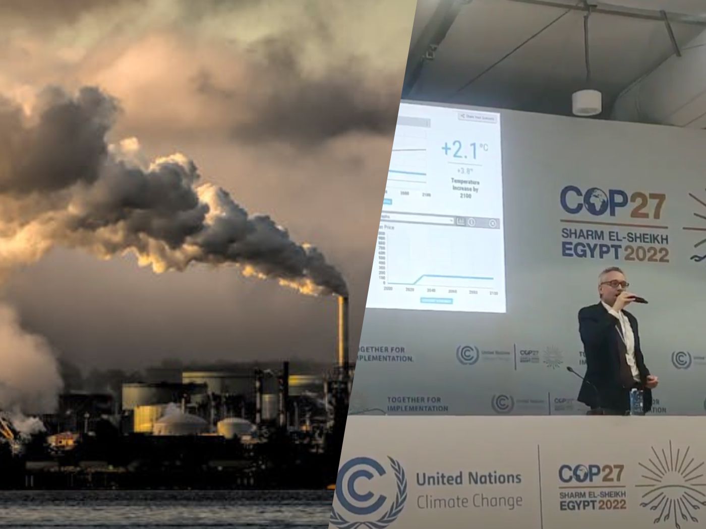 Left: image of smokestack releasing across dark sky, right: Andrew Jones, Executive Director, Climate Interactive, speaking at COP27