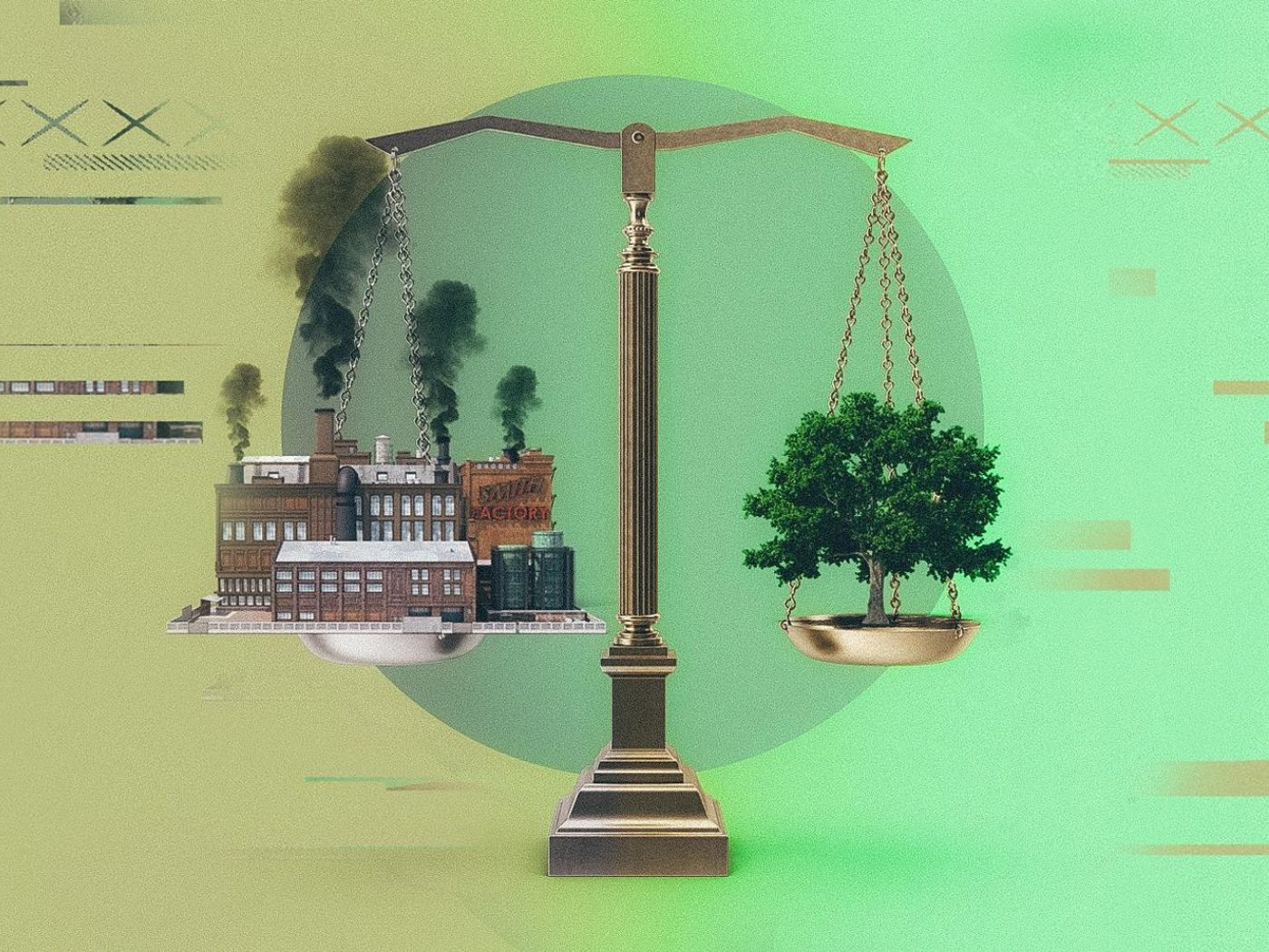 An old-fashioned balance scale holds a factory emitting black smoke on the left, a green tree grows from the right scale.