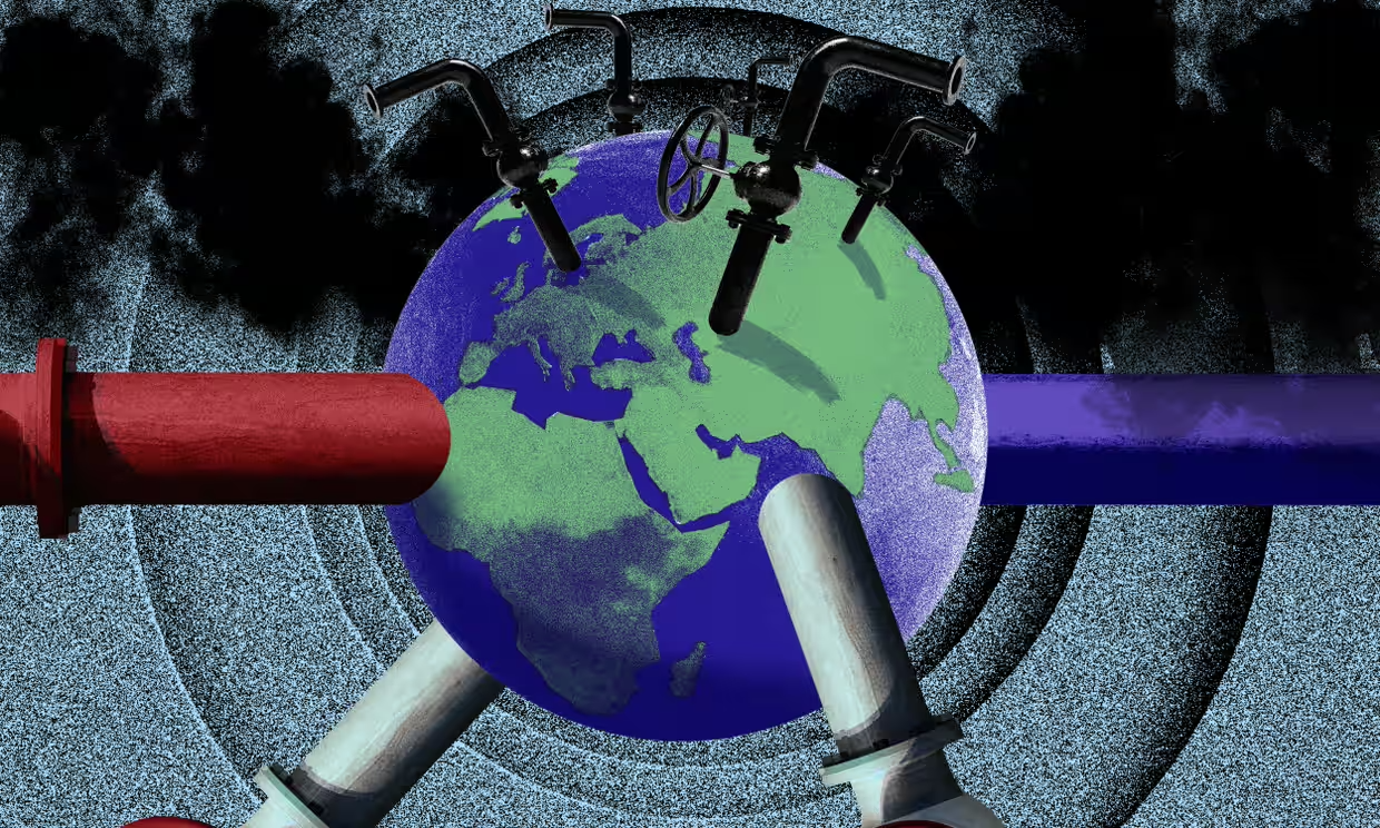 Edited image showing the globe with oil pipelines coming out of it