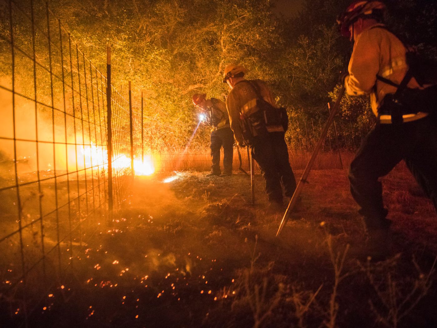 Firefighters from Brea, California, inspect and cut a fireline on August 1, 2018, as the Ranch Fire burns near Upper Lake, California.