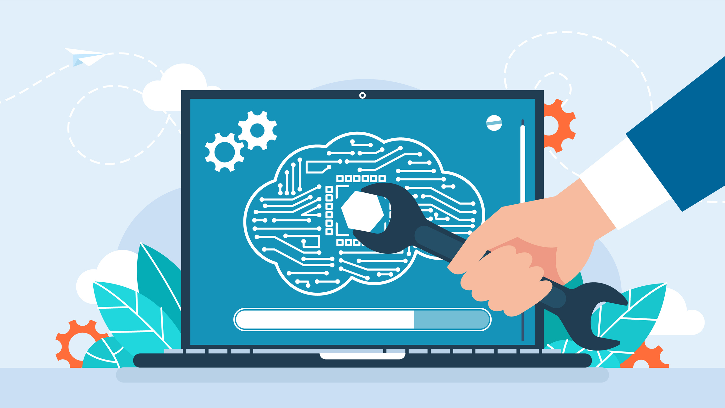 Wrench, bolt, computer screen.