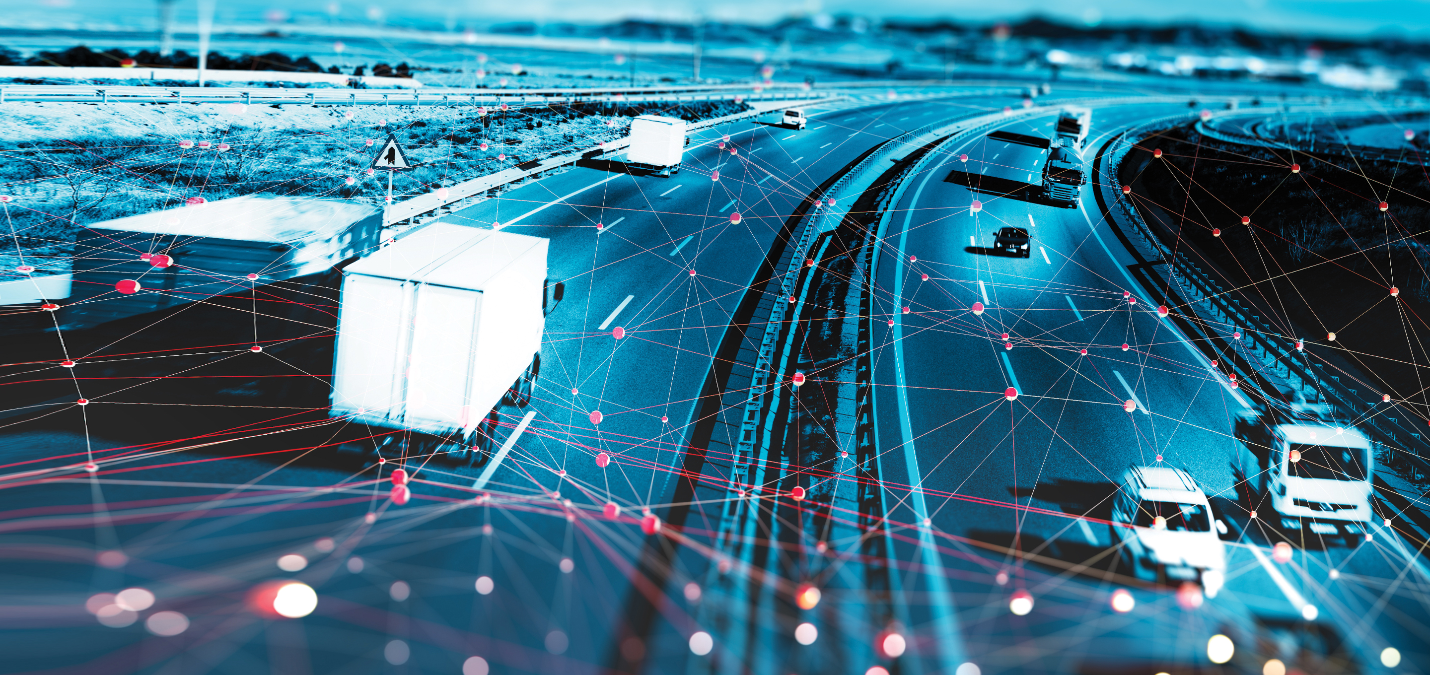 Cars and trucks on the highway with AI/digital graphics overlayed on top