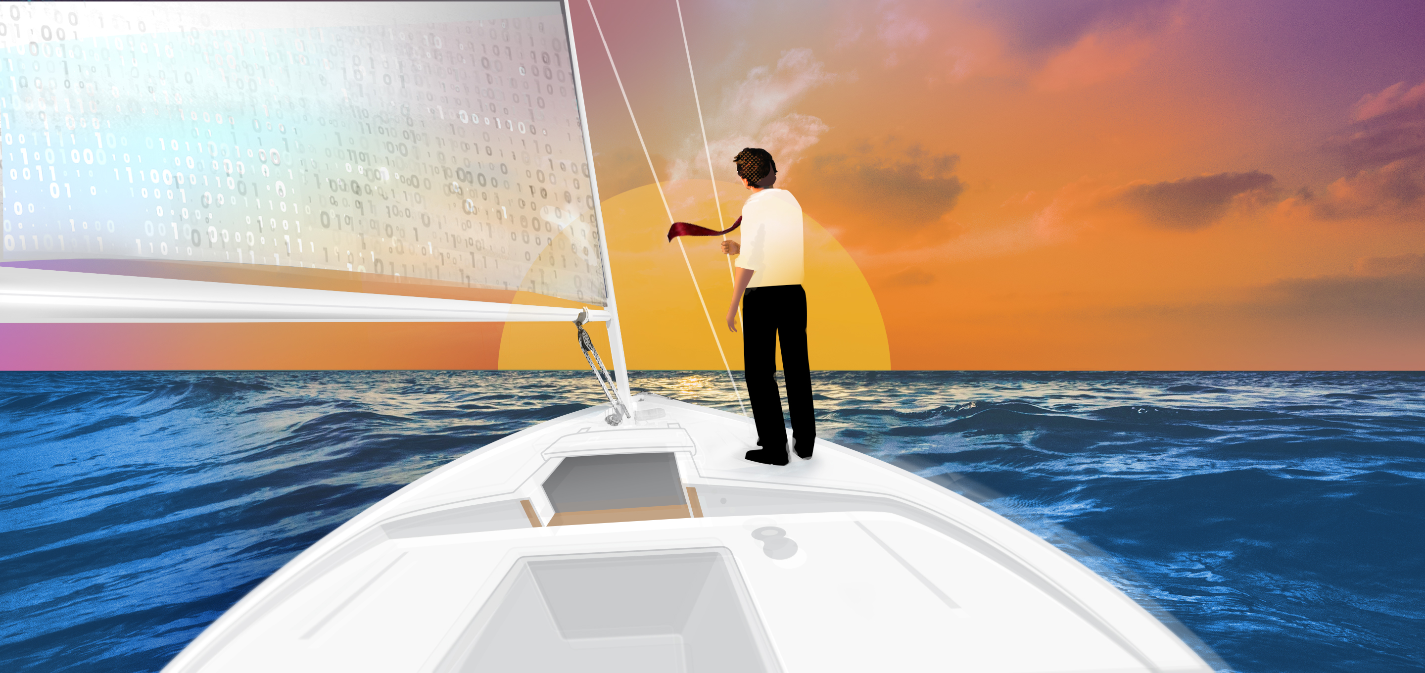 Business person steers on the helm of a boat with a sail made of binary code