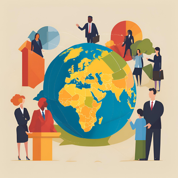 graphic of the globe with people in suits surrounding 