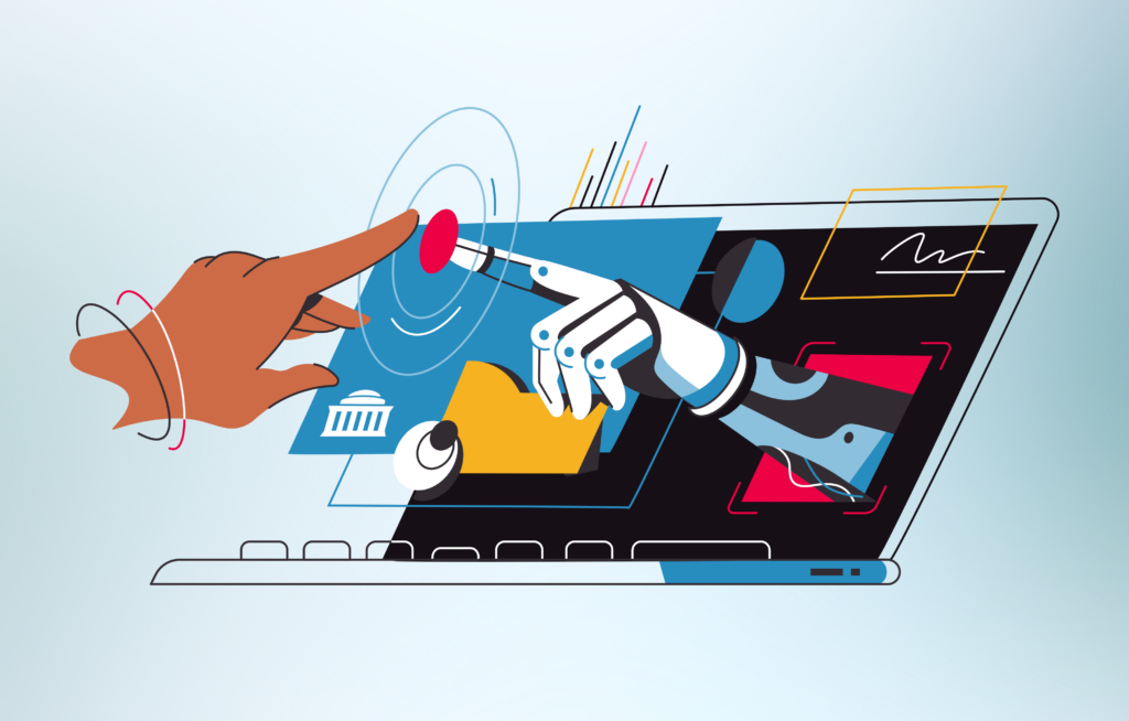 illustration of human hand touching a robotic hand through a laptop computer screen