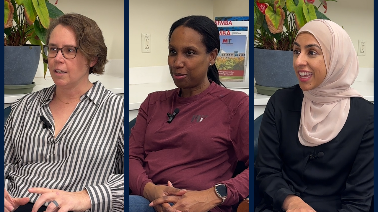 Three vertical images of different women talking to someone off camera