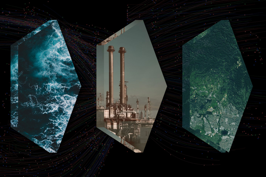 Graphic of three images (the ocean, a power plant, and an aerial map) on a black background