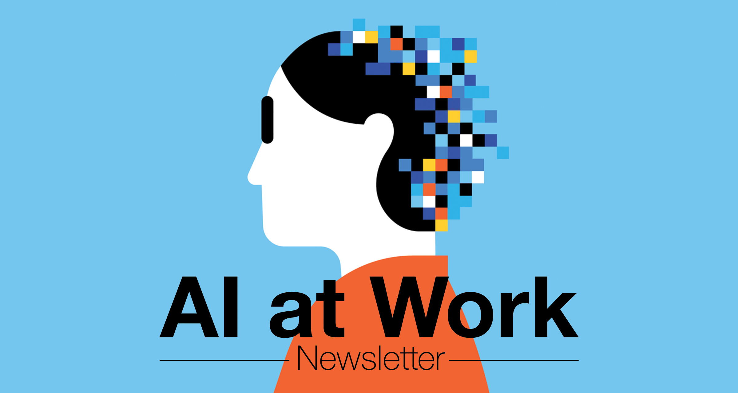 An illustration of a person with pixels coming out of their head with the words: "AI at Work."