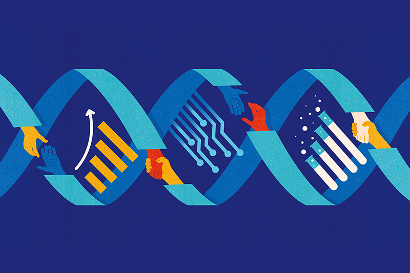 DNA, handshake, tech graphic