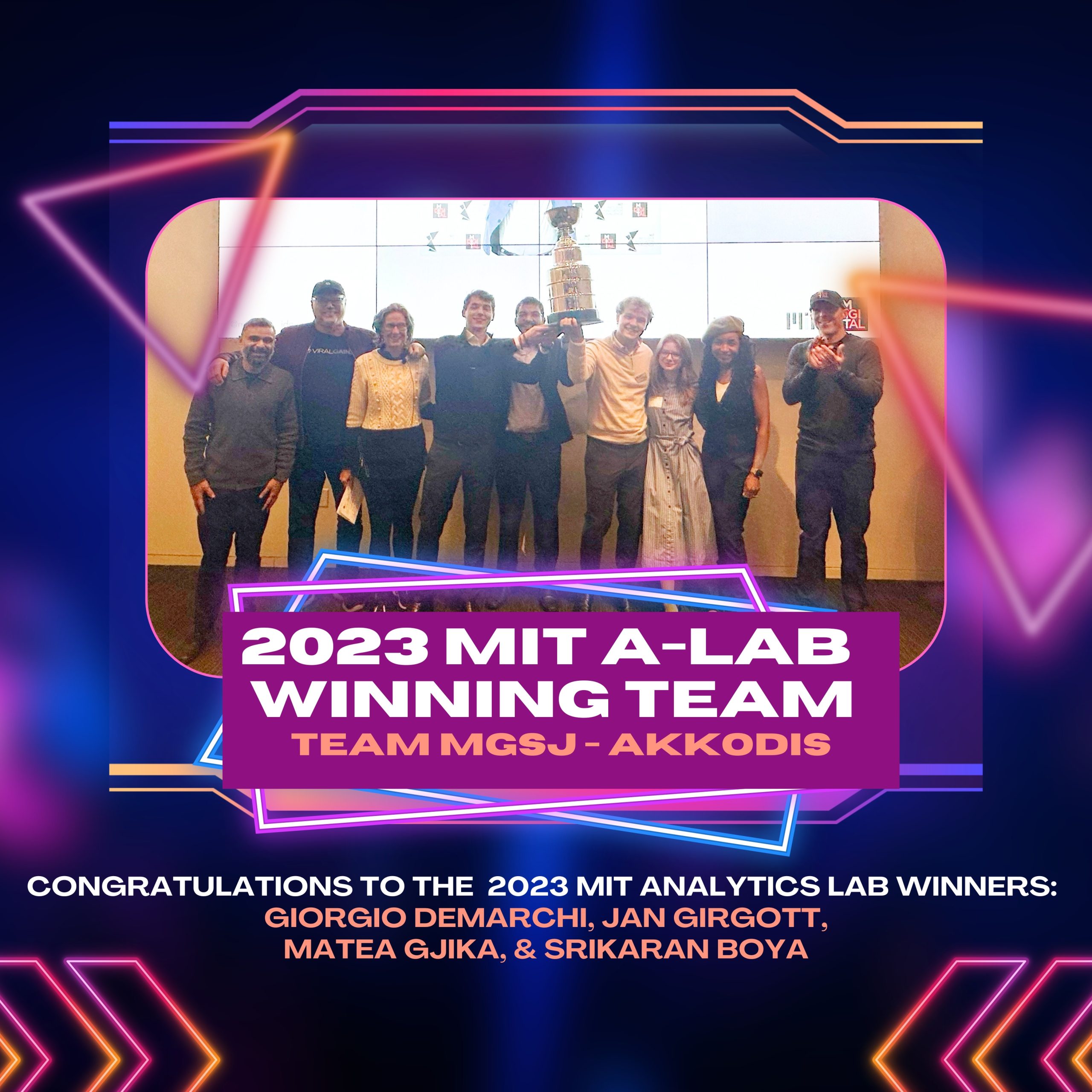 Picture of 2023 winning MIT A-Lab team with trophy