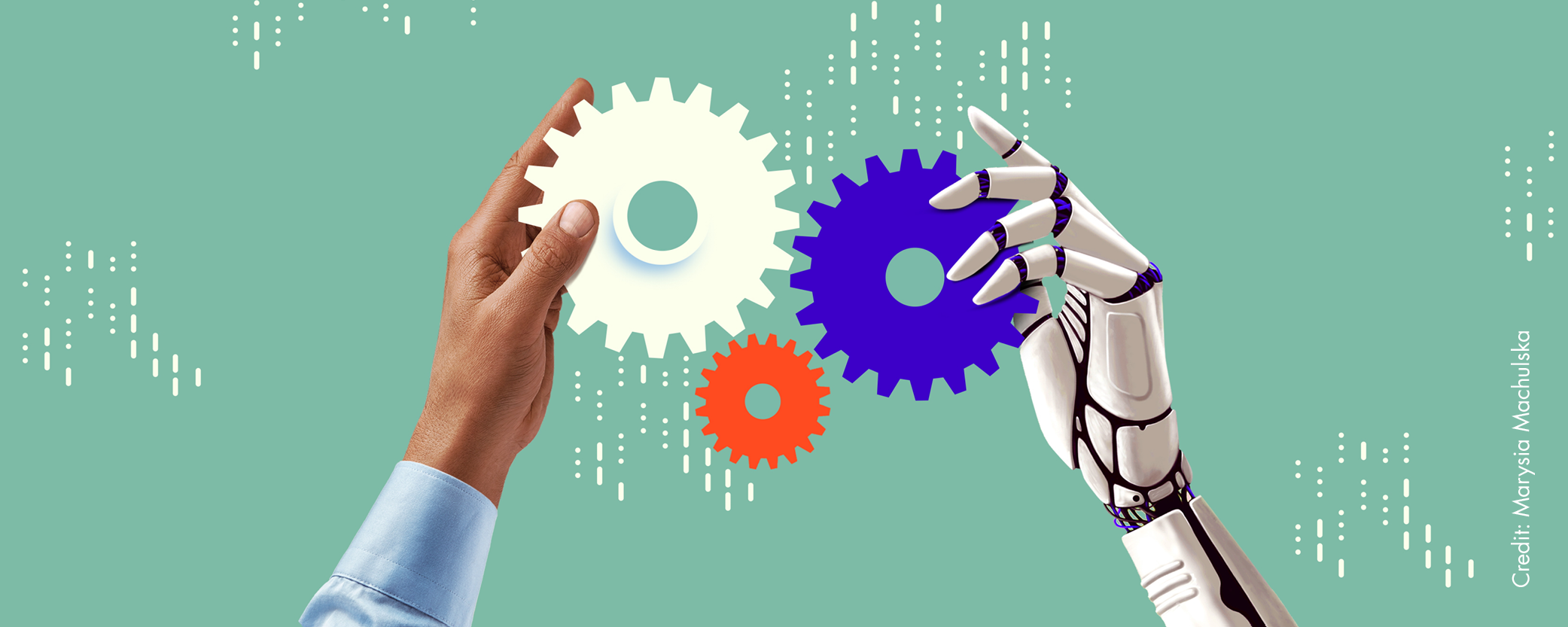 A human hand and a robotic hand hold interlocking gears of varying colors against a green background.