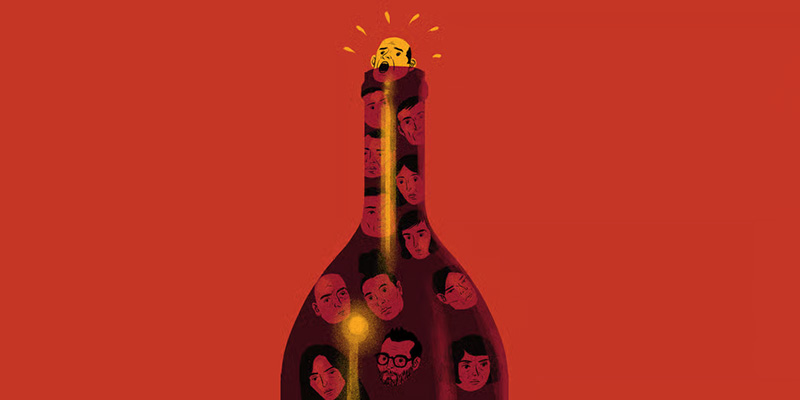 Heads in a wine bottle neck
