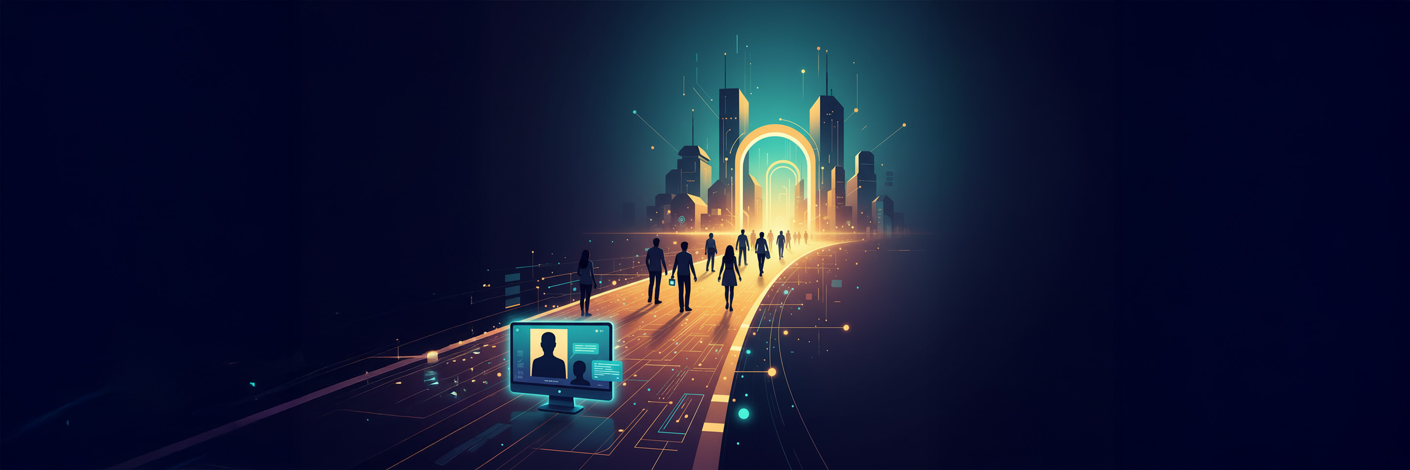 A group of people is walking on a road at night