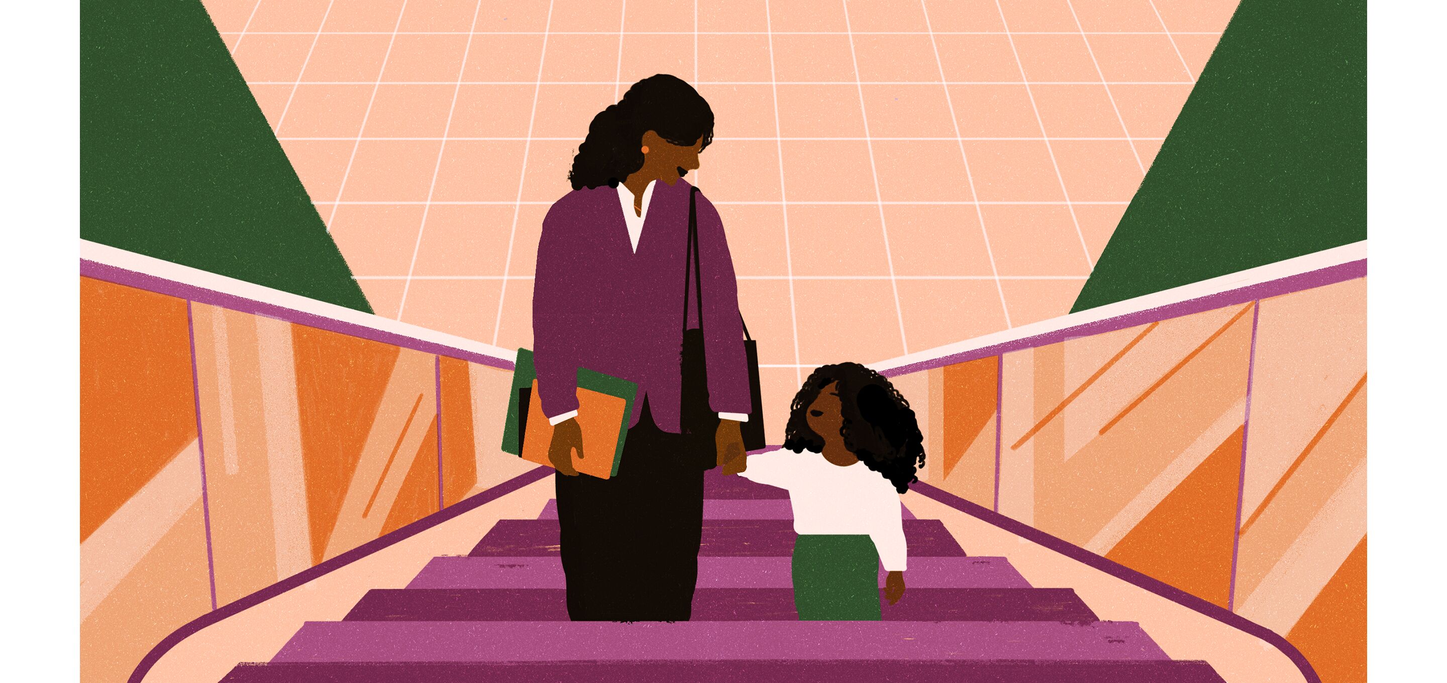 Illustration of a mother dressed for work going up an escalator with her child
