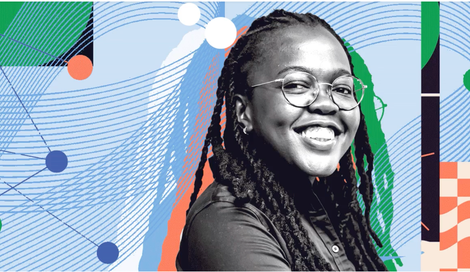 Woman with braids smiling in front of colorful background
