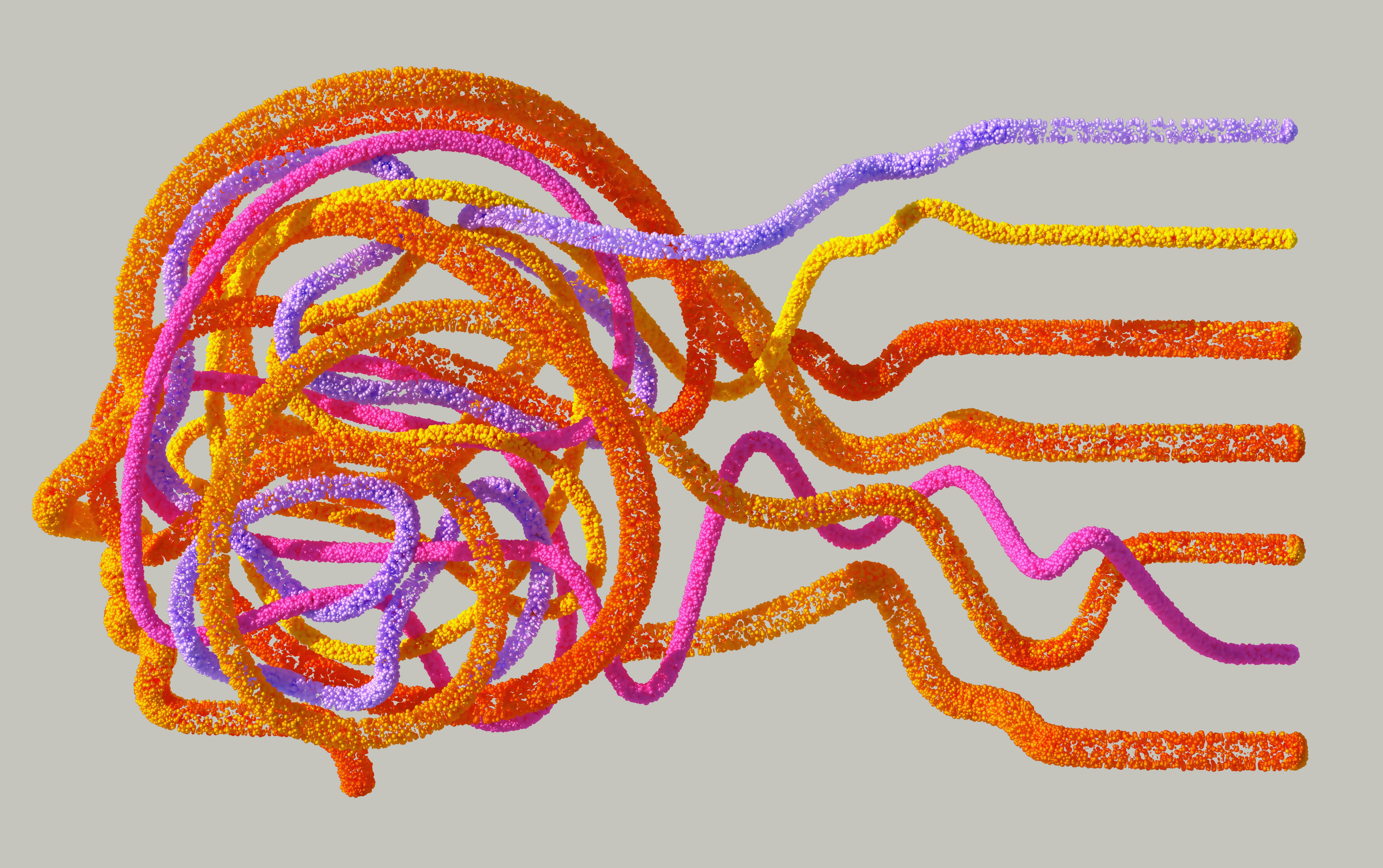 Image of a human brain made out of colorful tubes kind of like pipe cleaners; is supposed to represent AI