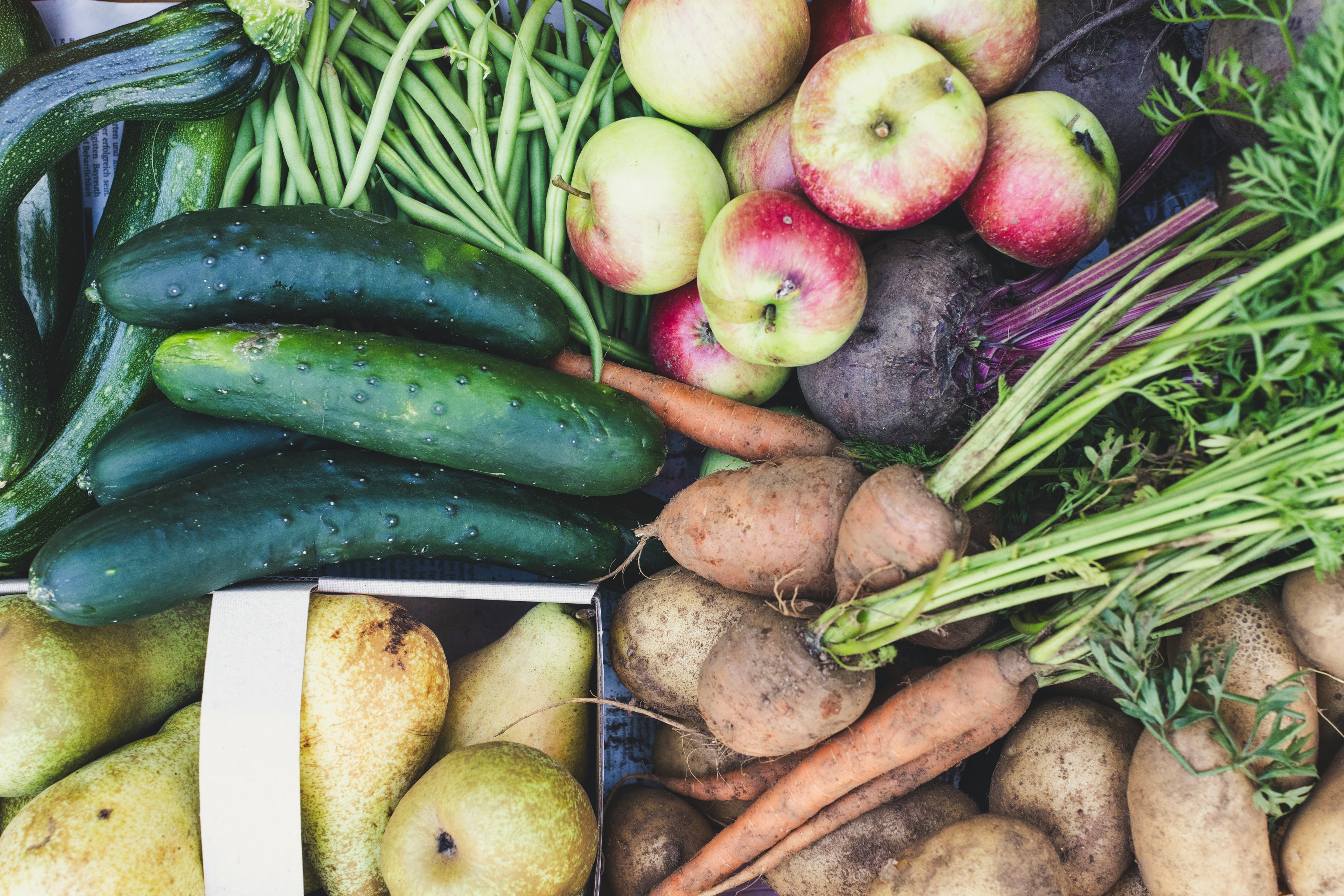 An overhead view of produce, including zucchini, cucumbers, green beans, apples, beets, pears, carrots, and potatoes