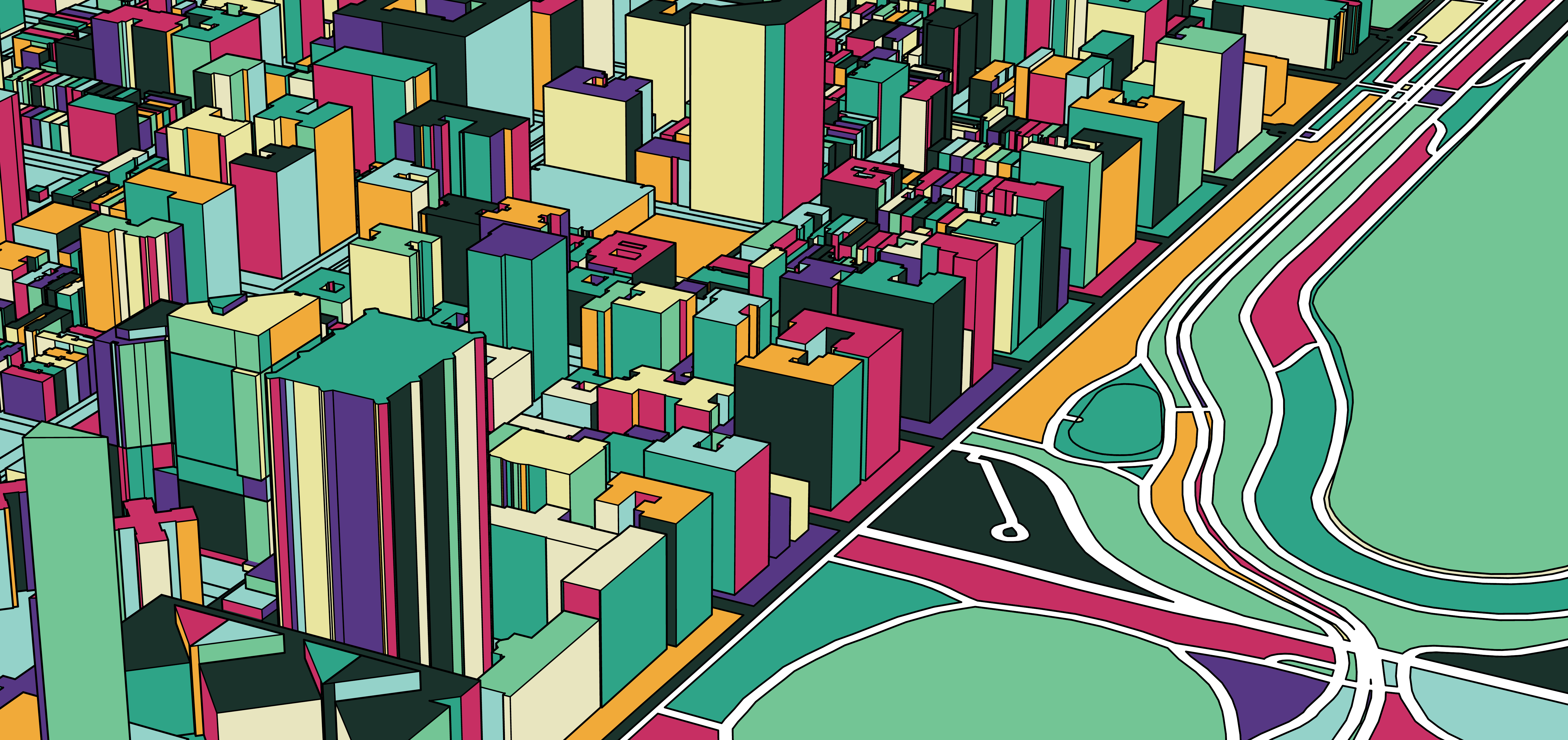 Colorful illustration of major city next to open space